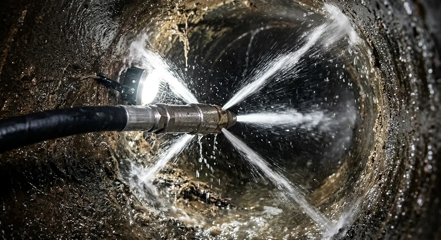High-pressure hydro jetting nozzle cleaning sewer pipe for Sewer Line Relining in Fresno