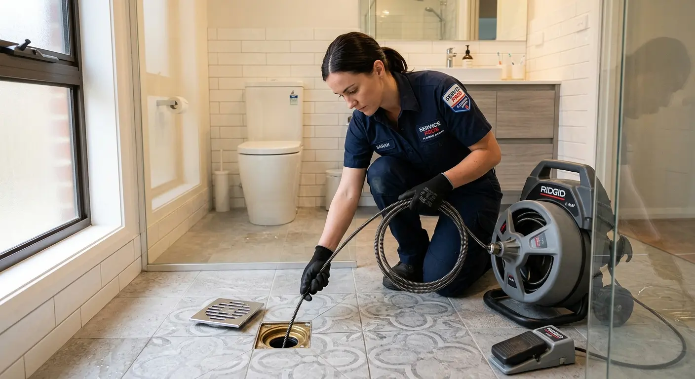 Technician clearing a bathroom floor drain for Drain Cleaning in Fresno